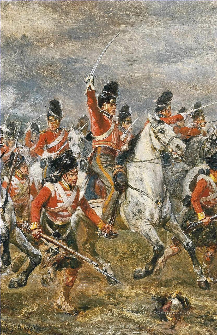 La carga de los Royal Scots Grays en Waterloo apoyada por un regimiento de las Highlands de la guerra de Robert Alexander Hillingford Pintura al óleo